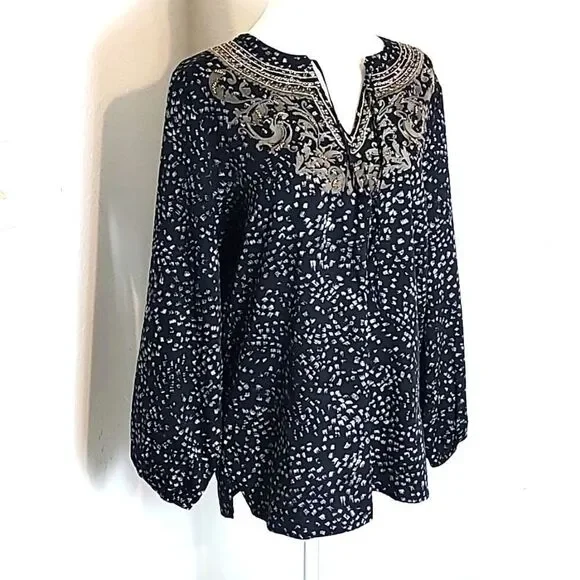 Chico's Black Blouse, White Dots, Gray Embroidered Neckline, Gold Beads,Sz 0,Sml - Picture 2 of 14
